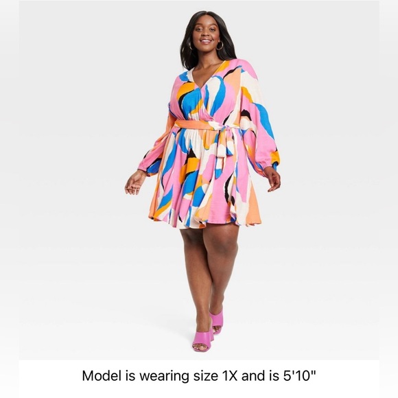 Ava & Viv Plus Size Balloon Sleeve Multicolored Wrap Dress - Picture 1 of 2
